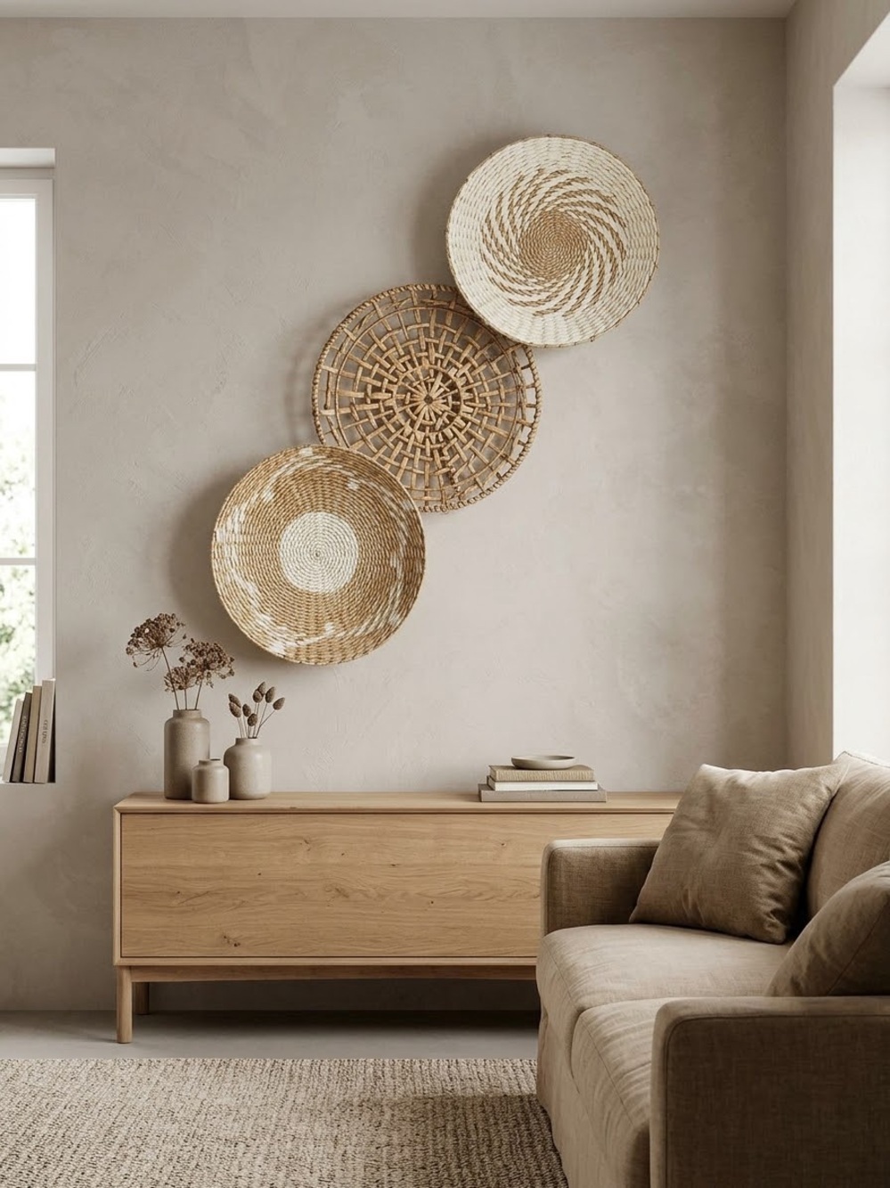 3 Piece Natural Woven Basket Wall Set - Neutral Tan & Cream Decorative Accents